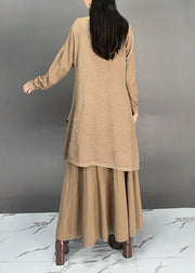 Elegant Khaki O Neck Cotton Two Pieces Set Fall