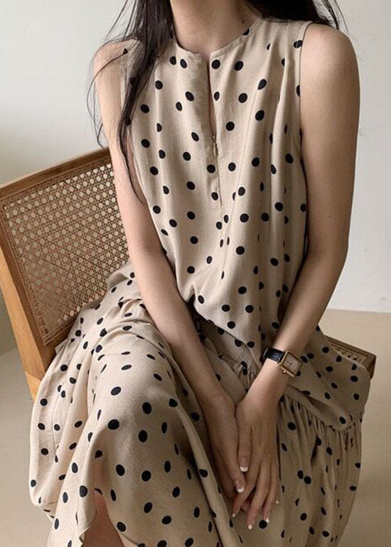 Elegant Khaki O Neck Patchwork Dot Print Cotton Dresses Summer