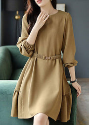 Elegant Khaki O Neck Sashes Cotton Mid Dress Long Sleeve