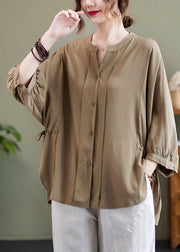 Elegant Khaki Oversized Drawstring Cotton Shirt Top Bracelet Sleeve