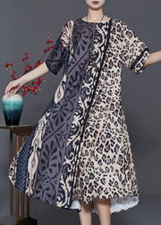 Elegant Khaki Oversized Leopard Print Silk Dress Summer