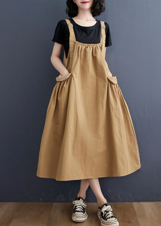 Elegant Khaki Oversized Pockets Cotton Strap A Line Dress Summer