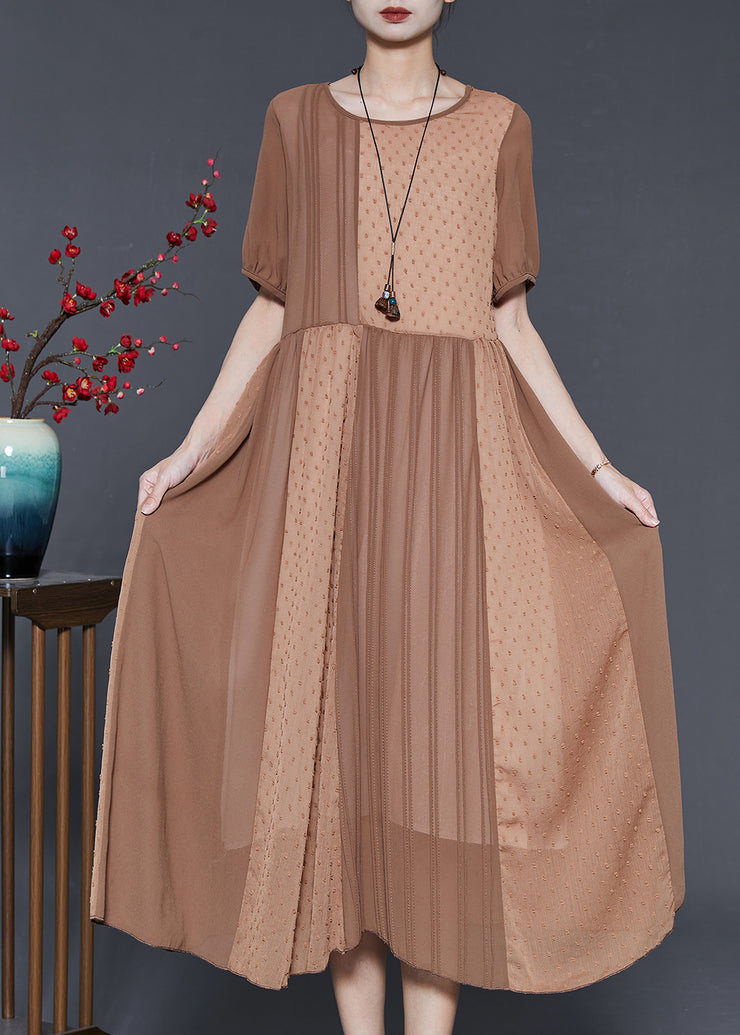 Elegant Khaki Patchwork Cotton Silk Pleated Dress Summer