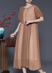 Elegant Khaki Patchwork Cotton Silk Pleated Dress Summer