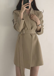 Elegant Khaki Peter Pan Collar Pockets Coat Long Sleeve