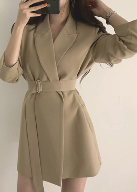 Elegant Khaki Peter Pan Collar Pockets Coat Long Sleeve