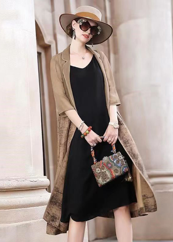 Elegant Khaki Peter Pan Collar Print Patchwork Cotton Trench Fall