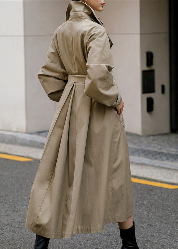 Elegant Khaki Peter Pan Collar Tie Waist Button Pockets Cotton Trench Coats Long Sleeve