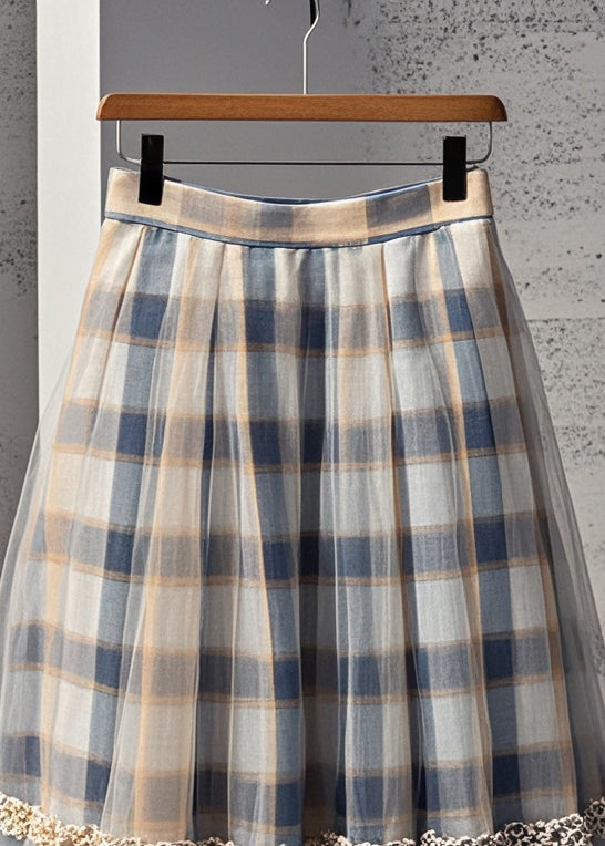 Elegant Khaki Plaid Tulle Pleated Skirt Summer