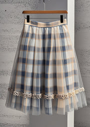 Elegant Khaki Plaid Tulle Pleated Skirt Summer