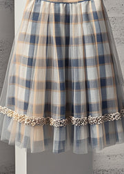 Elegant Khaki Plaid Tulle Pleated Skirt Summer