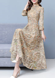 Elegant Khaki Print Exra Large Hem Lace Oriental Dresses Spring