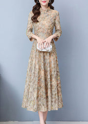 Elegant Khaki Print Exra Large Hem Lace Oriental Dresses Spring