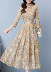 Elegant Khaki Print Exra Large Hem Lace Oriental Dresses Spring