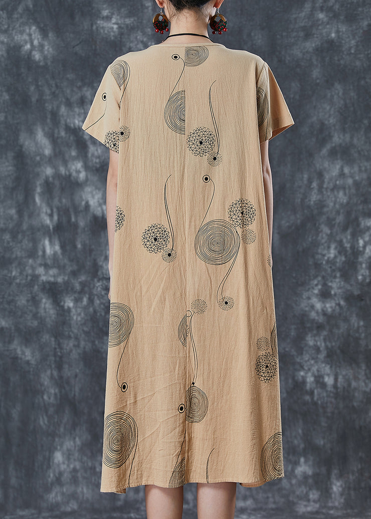 Elegant Khaki Print Pockets Cotton Holiday Dress Summer