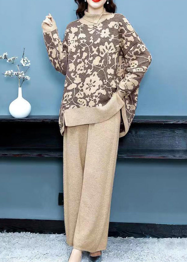 Elegant Khaki Print Tops And Pants Woolen Two Pieces Set Fall