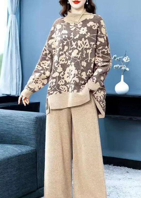 Elegant Khaki Print Tops And Pants Woolen Two Pieces Set Fall