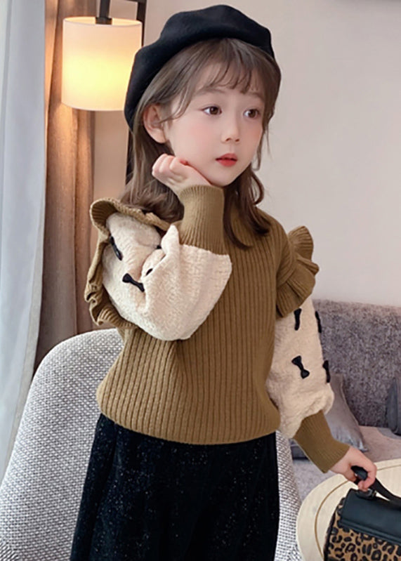 Elegant Khaki Ruffled Patchwork Bow Cotton Knit Kids Sweaters Spring