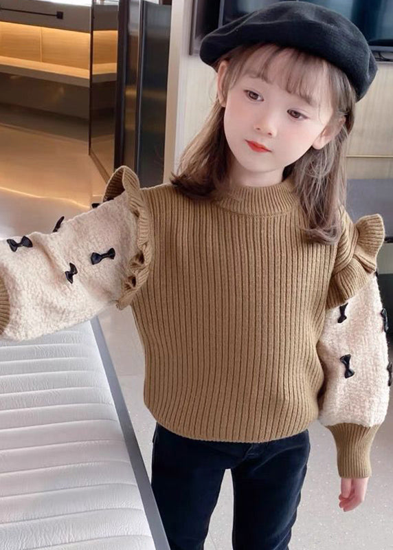 Elegant Khaki Ruffled Patchwork Bow Cotton Knit Kids Sweaters Spring