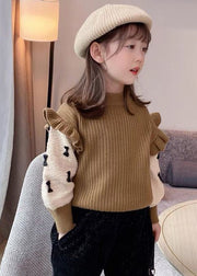 Elegant Khaki Ruffled Patchwork Bow Cotton Knit Kids Sweaters Spring