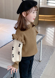 Elegant Khaki Ruffled Patchwork Bow Cotton Knit Kids Sweaters Spring