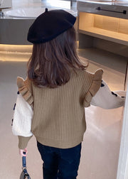 Elegant Khaki Ruffled Patchwork Bow Cotton Knit Kids Sweaters Winter