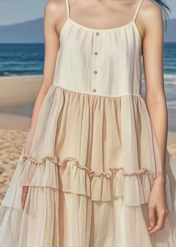 Elegant Khaki Ruffled Patchwork Tulle Spaghetti Strap Dress Summer