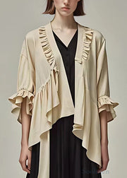 Elegant Khaki Ruffled Solid Cotton Cardigan Butterfly Sleeve