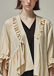 Elegant Khaki Ruffled Solid Cotton Cardigan Butterfly Sleeve