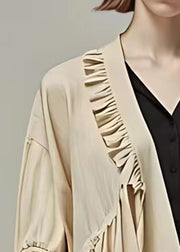 Elegant Khaki Ruffled Solid Cotton Cardigan Butterfly Sleeve
