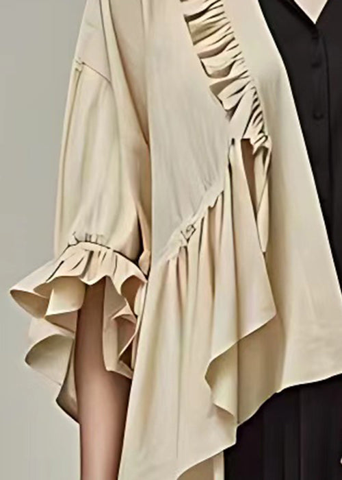 Elegant Khaki Ruffled Solid Cotton Cardigan Butterfly Sleeve