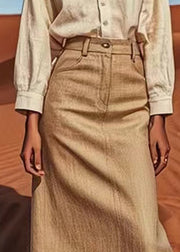 Elegant Khaki Solid High Waist Linen A Line Skirts Summer