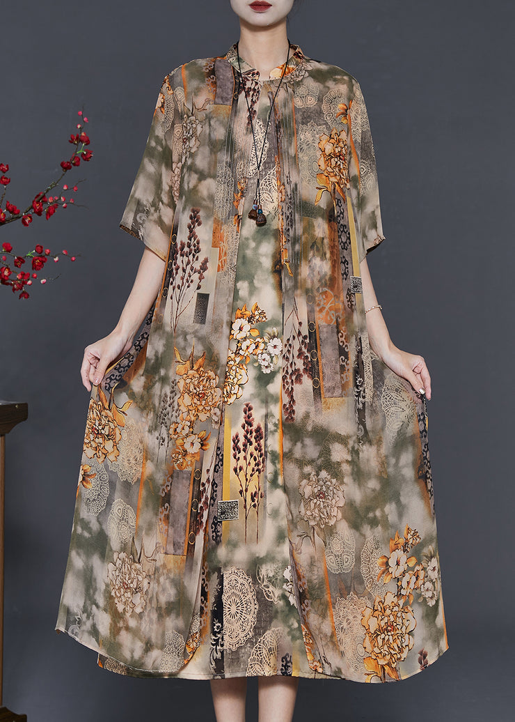 Elegant Khaki Stand Collar Print Chiffon Fake Two Piece Dress Summer