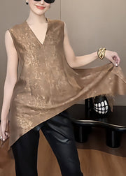 Elegant Khaki V Neck Asymmetrical Solid Silk Tank Sleeveless