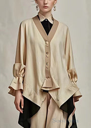 Elegant Khaki V Neck Button Cotton Coat Long Sleeve
