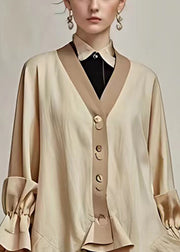 Elegant Khaki V Neck Button Cotton Coat Long Sleeve