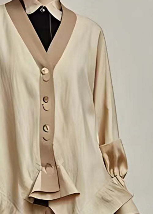 Elegant Khaki V Neck Button Cotton Coat Long Sleeve