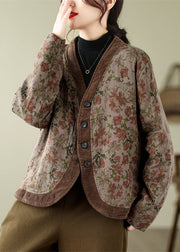 Elegant Khaki V Neck Print Fine Cotton Filled Coats Winter