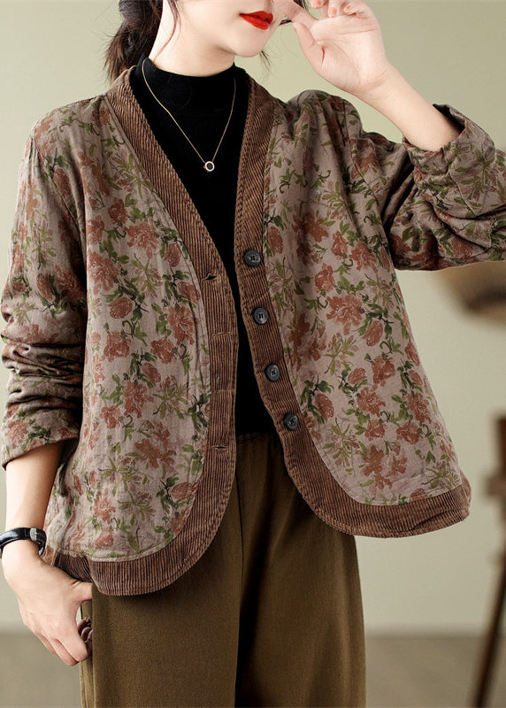 Elegant Khaki V Neck Print Fine Cotton Filled Coats Winter