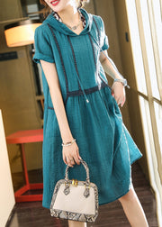 Elegant Lake Blue Hooded Pockets Patchwork Cotton Dress Summer