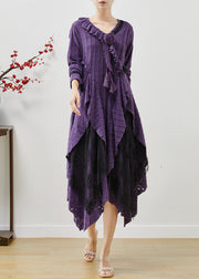 Elegant Lavender Asymmetrical Floral Cotton Long Dresses Fall