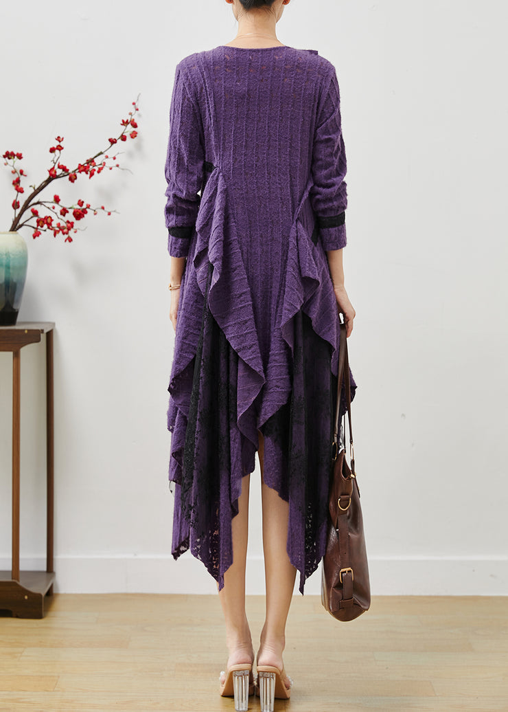 Elegant Lavender Asymmetrical Floral Cotton Long Dresses Fall