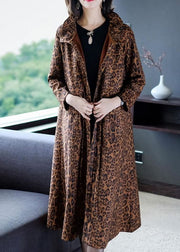 Elegant Leopard Pockets Patchwork Warm Fleece Trench Winter