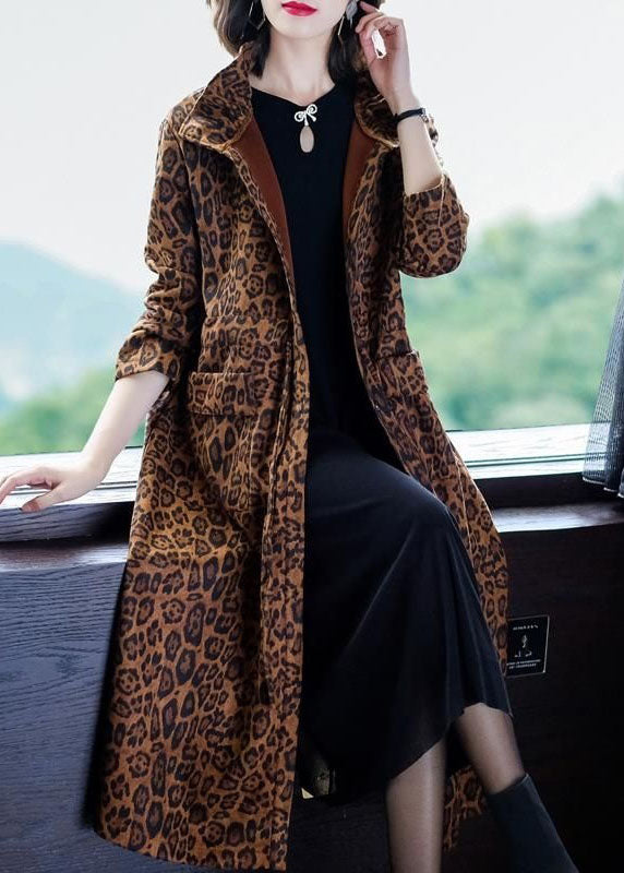 Elegant Leopard Pockets Patchwork Warm Fleece Trench Winter