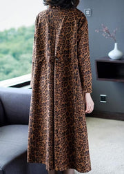 Elegant Leopard Pockets Patchwork Warm Fleece Trench Winter