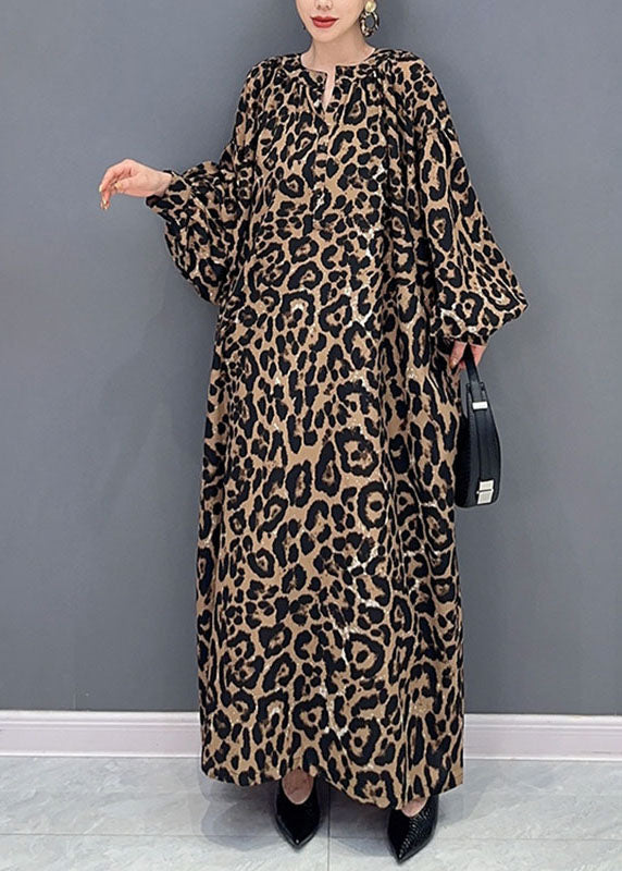 Elegant Leopard Print O-Neck Long Dress Long Sleeve