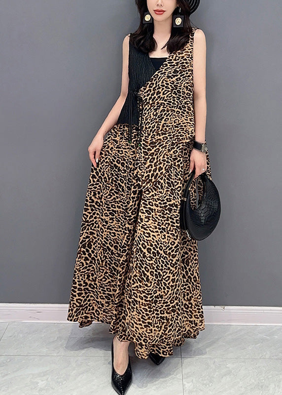 Elegant Leopard Tie Waist Top And Maxi Skirts Two Pieces Set Summer