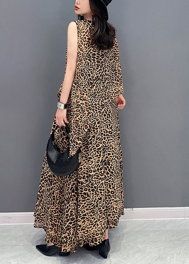 Elegant Leopard Tie Waist Top And Maxi Skirts Two Pieces Set Summer