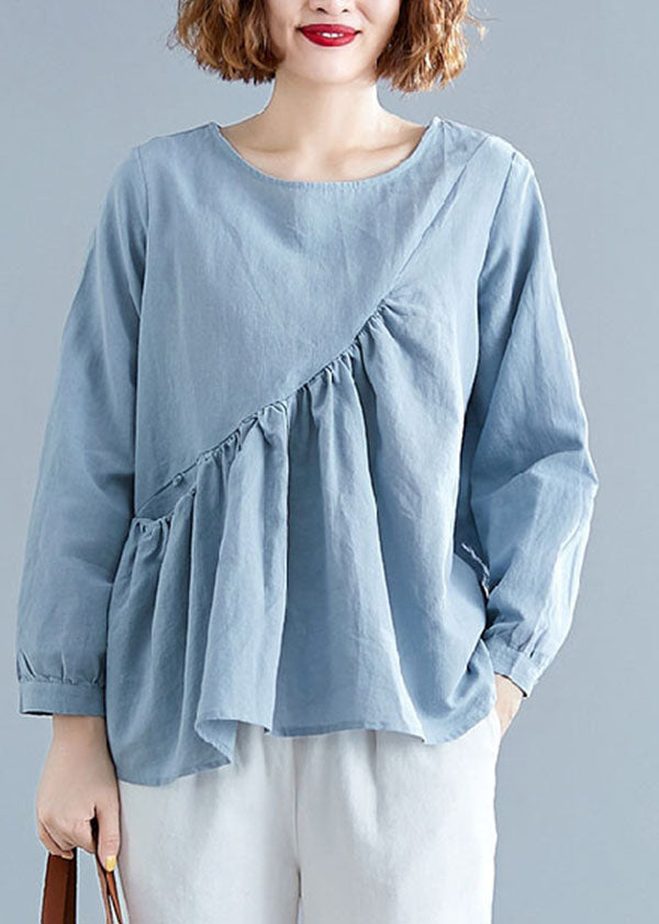 Elegant Light Blue O-Neck Patchwork Ruffles Cotton Shirts Spring