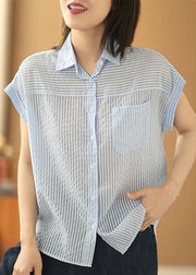 Elegant Light Blue Peter Pan Collar Striped Pocket Silk Shirts Short Sleeve